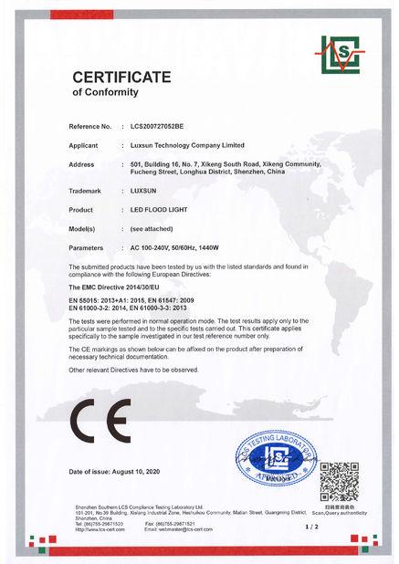 Китай Luxsun lighting Co.,Ltd Сертификаты